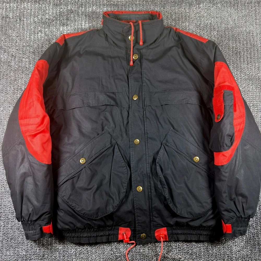Vintage Weather Breaker Mens XL Black Red Colorblock Hooded Bomber Jacket 1980's
